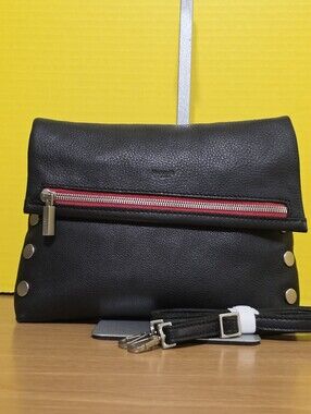 Hammitt Black Leather MD VIP Crossbody Clutch with Red Zip Accent